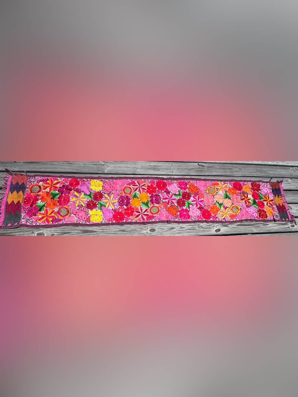Vintage Mexican Hand Embroidered Long Table Runner, Floral Chiapas Textile